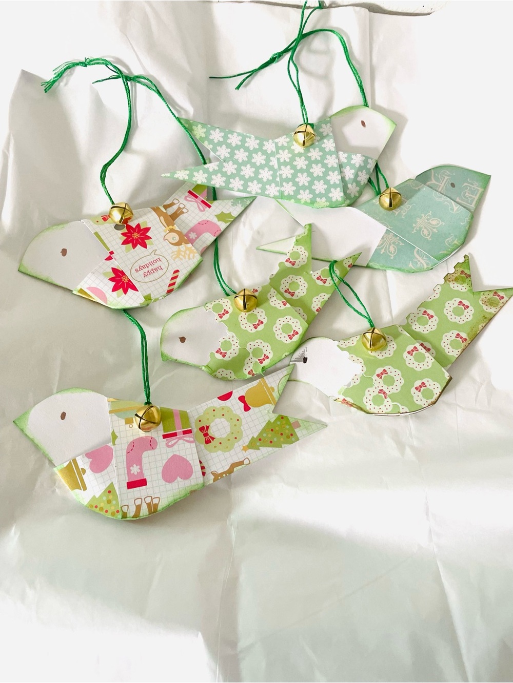 5 Origami Bird Ornaments with Jingle Bells